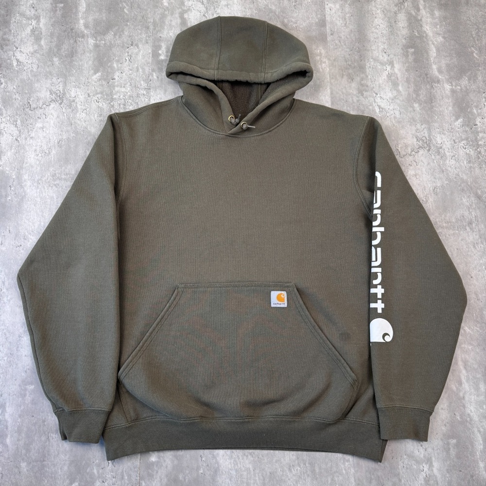 Carhartt Hoodie Mens Large Olive Green Sleeve Logo Sweatshirt Workwear K288